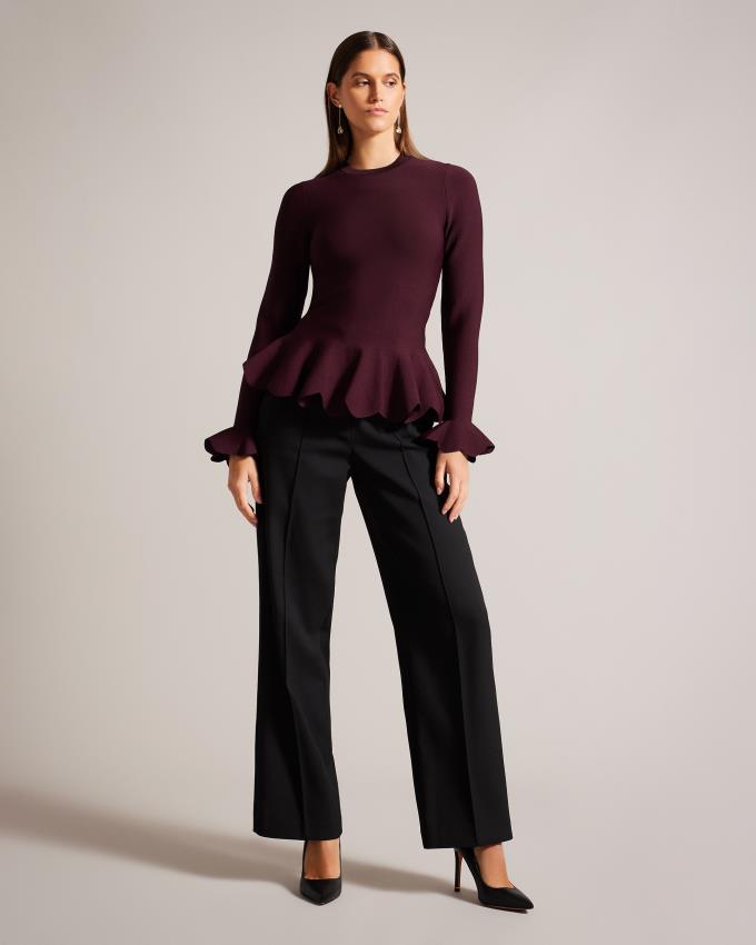 Hauts Ted Baker Long Sleeve Scalloped Peplum Rouge Foncé Femme | PFX-88530317